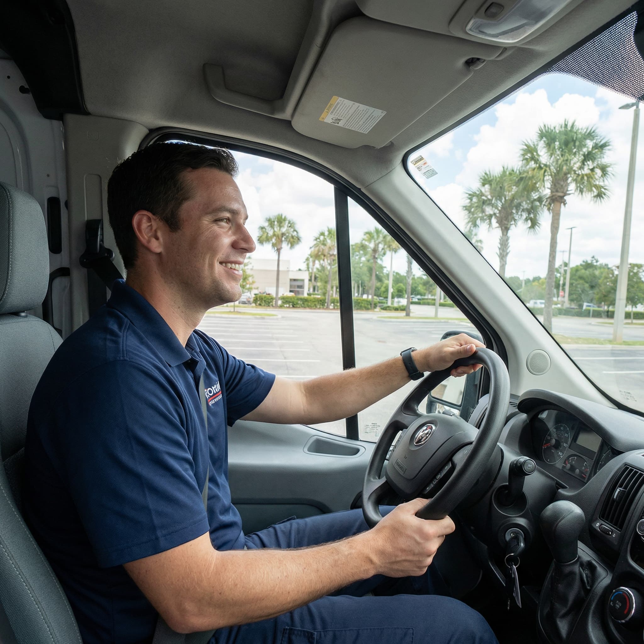 Professional medical courier driver in delivery van