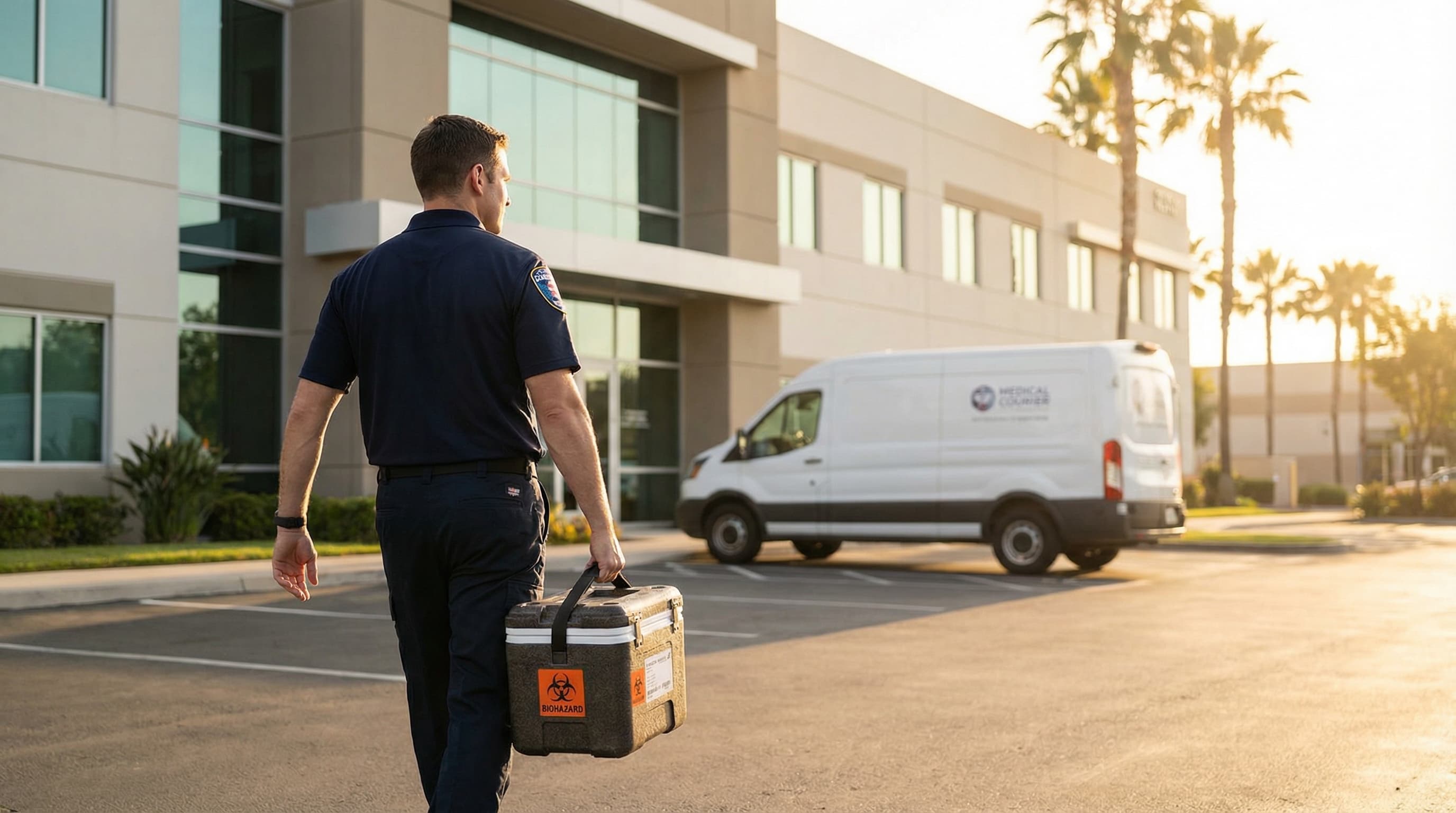 Professional medical courier delivering specimens in Tampa Bay
